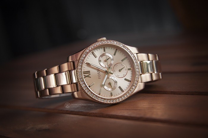 Review đồng hồ Fossil ES4315 vàng hồng đính đá toàn bộ viền-ảnh 1
