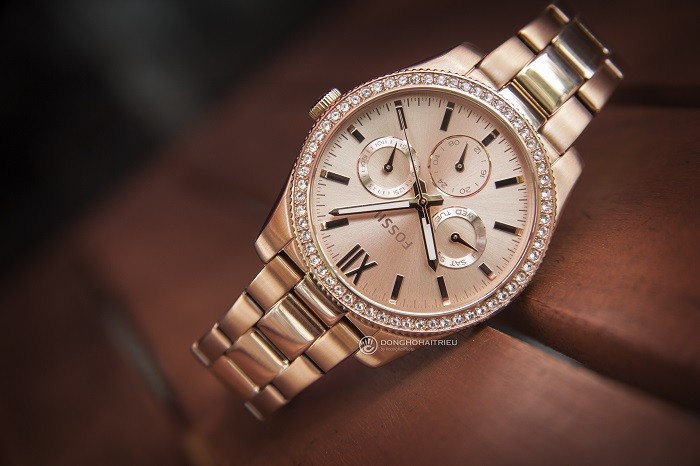 Review đồng hồ Fossil ES4315 vàng hồng đính đá toàn bộ viền-ảnh 2