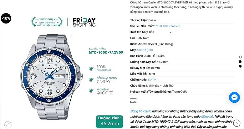 Thông tin, đặc tính kỹ thuật của đồng hồ Casio chống nước được thể hiện rõ ràng tại website của Friday Shopping - Ảnh 8